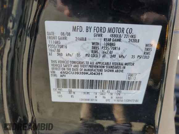 2009 Mercury Mariner Hybrid z VIN 4M2CU39359KJ04351, wystawiony jako Copart lot #82063034 z przebiegiem 283 898 mil mil oraz Czysty tytuł • Clean title. Historia ofert i sprzedaży dostępna na DreamBid. Obrazek 13.