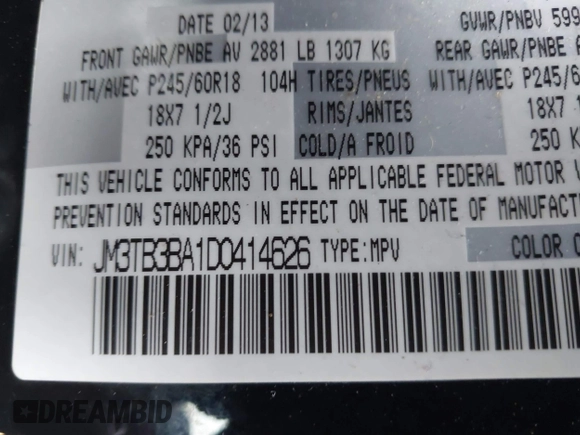 2013 Mazda CX-9 Sport with VIN JM3TB3BA1D0414626, listed as a IAAI auction lot 41512593 with 118,731 mi miles and . Bid and sale history available at carsss.com. Image 9.