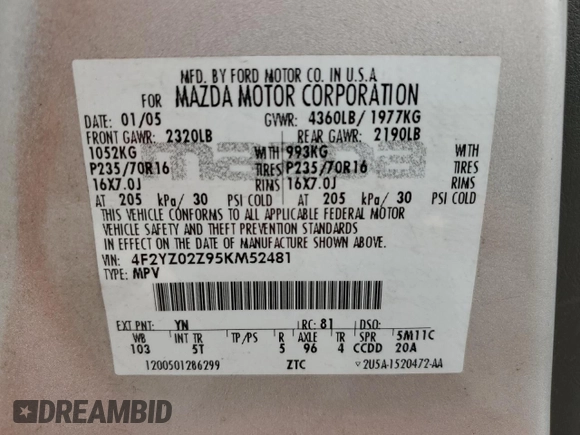 2005 Mazda Tribute i with VIN 4F2YZ02Z95KM52481, listed as a Copart auction lot 78846124 with 99,067 mi miles and Salvage Title. Bid and sale history available at carsss.com. Image 15.