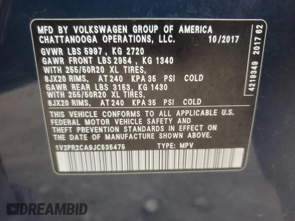 2018 Volkswagen Atlas SE with VIN 1V2PR2CA9JC535475, listed as a Copart auction lot 59427055 with 114,222 mi miles and Salvage title. Bid and sale history available at DreamBid. Image 12.