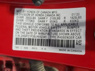 2020 Honda Civic Sedan EX with VIN 2HGFC1F38LH682345, listed as a Copart auction lot 52655705 with 52,556 mi miles and Salvage Title. Bid and sale history available at carsss.com. Image 12.