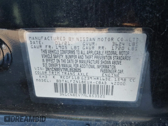 2021 Nissan Versa SV with VIN 3N1CN8EV7ML853525, listed as a IAAI auction lot 41664138 with 67,707 mi miles. Bid and sale history available at carsss.com. Image 9.
