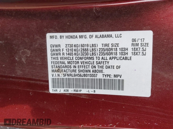 2018 Honda Odyssey EX with VIN 5FNRL6H56JB015557, listed as a IAAI auction lot 42112667 with Not provided miles and . Bid and sale history available at DreamBid. Image 9.