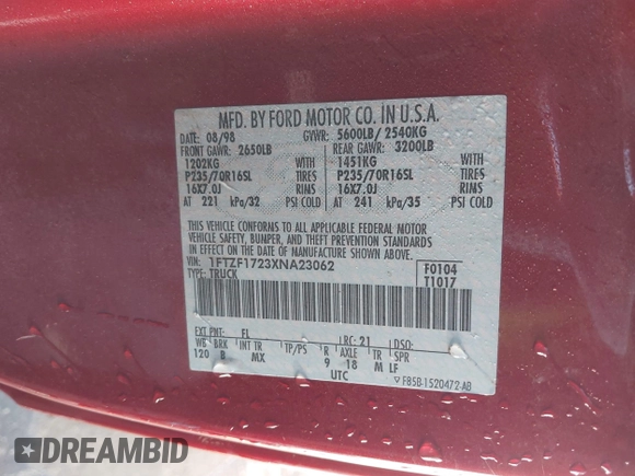 1999 Ford F-150 with VIN 1FTZF1723XNA23062, listed as a IAAI auction lot 42019826 with 232,648 mi miles and . Bid and sale history available at DreamBid. Image 9.