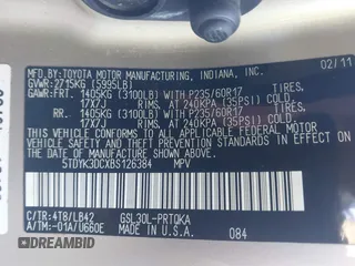 2011 Toyota Sienna XLE AAS с VIN 5TDYK3DCXBS126384, выставлен на аукционе IAAI как лот 42309297 с пробегом 229 242 миль миль и . История ставок и продаж доступна на DreamBid. Изображение 9.