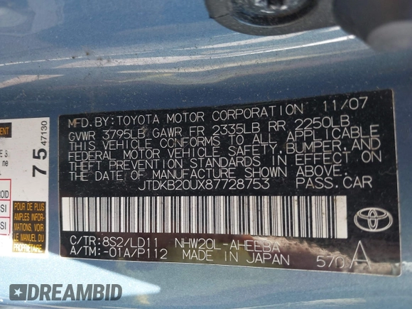 2008 Toyota Prius z VIN JTDKB20UX87728753, wystawiony jako IAAI lot #42425682 z przebiegiem Nie podano mil oraz . Historia ofert i sprzedaży dostępna na DreamBid. Obrazek 9.