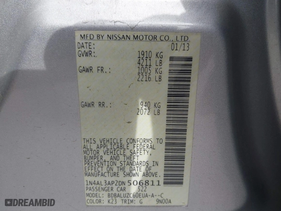 2013 Nissan Altima 2.5 SL with VIN 1N4AL3AP2DN506811, listed as a IAAI auction lot 41875731 with 242,422 mi miles. Bid and sale history available at carsss.com. Image 9.