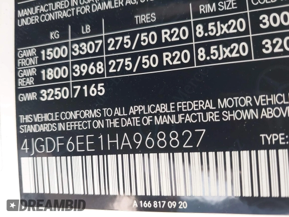 2017 Mercedes-Benz GLS 450 with VIN 4JGDF6EE1HA968827, listed as a IAAI auction lot 42561413 with 165,348 mi miles and . Bid and sale history available at DreamBid. Image 9.
