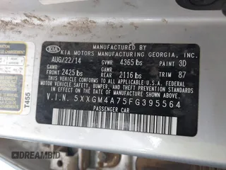 2015 Kia Optima LX with VIN 5XXGM4A75FG395564, listed as a IAAI auction lot 42647545 with 114,285 mi miles and . Bid and sale history available at DreamBid. Image 9.