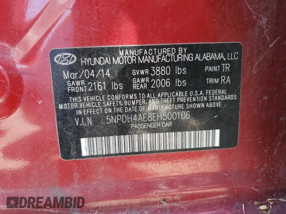 2014 Hyundai Elantra SE with VIN 5NPDH4AE8EH500106, listed as a Copart auction lot 62905174 with 126,750 mi miles and Clean Title. Bid and sale history available at DreamBid. Image 12.