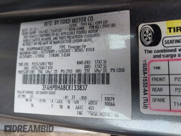 2012 Ford Fusion SE with VIN 3FAHP0HA8CR133837, listed as a IAAI auction lot 39605166 with 137,917 mi miles and . Bid and sale history available at DreamBid. Image 9.