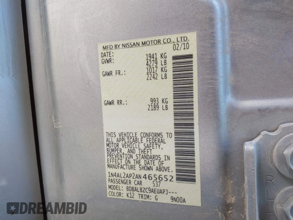 2010 Nissan Altima S with VIN 1N4AL2AP2AN465652, listed as a IAAI auction lot 41876793 with 137,364 mi miles and . Bid and sale history available at DreamBid. Image 9.
