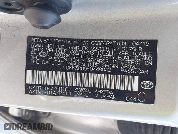 2015 Toyota Prius Four with VIN JTDKN3DU5F0448042, listed as a IAAI auction lot 41997701 with 180,314 mi miles. Bid and sale history available at carsss.com. Image 9.