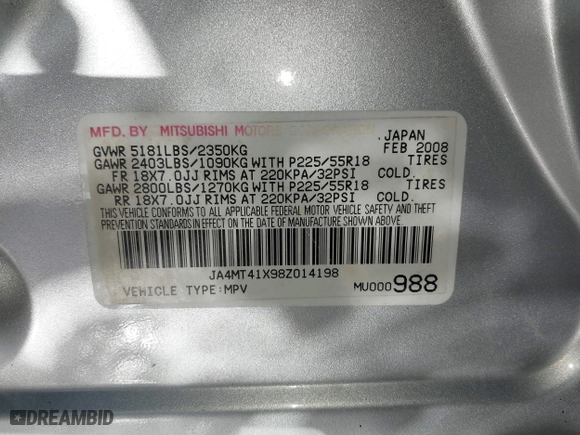 2008 Mitsubishi Outlander XLS with VIN JA4MT41X98Z014198, listed as a IAAI auction lot 41440560 with 228,263 mi miles. Bid and sale history available at carsss.com. Image 9.