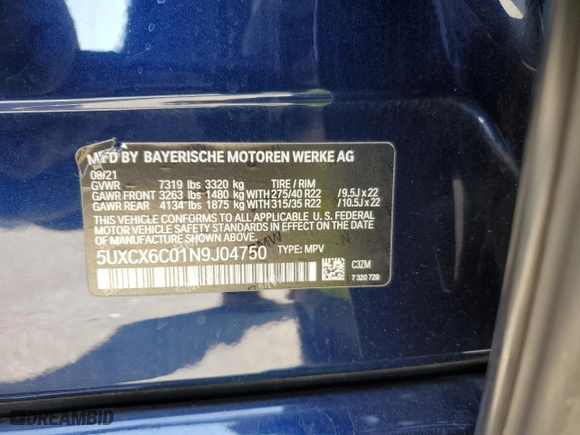 2022 BMW X7 M50i with VIN 5UXCX6C01N9J04750, listed as a Copart auction lot 50245325 with 25,341 mi miles and Salvage Title. Bid and sale history available at carsss.com. Image 13.