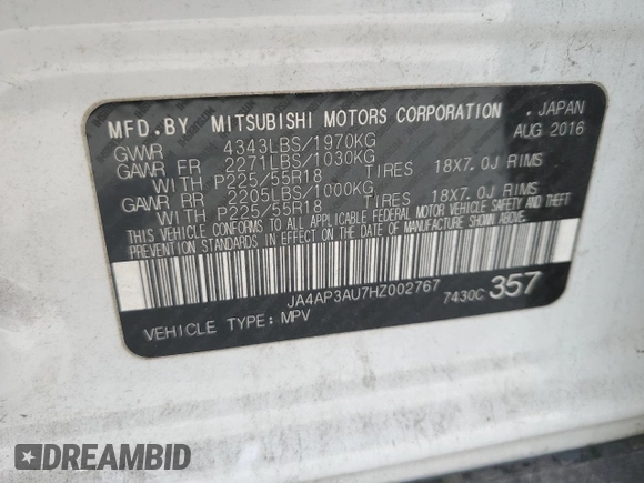 2017 Mitsubishi Outlander ES with VIN JA4AP3AU7HZ002767, listed as a Copart auction lot 55494795 with 157,138 mi miles and Salvage title. Bid and sale history available at DreamBid. Image 14.