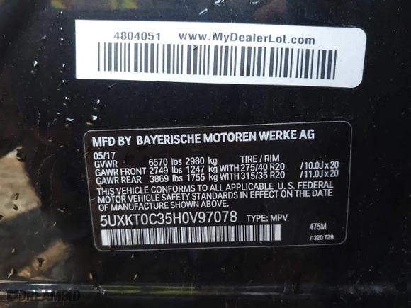 2017 BMW X5 xDrive40e iPerformance with VIN 5UXKT0C35H0V97078, listed as a IAAI auction lot 41601844 with 85,597 mi miles. Bid and sale history available at carsss.com. Image 9.
