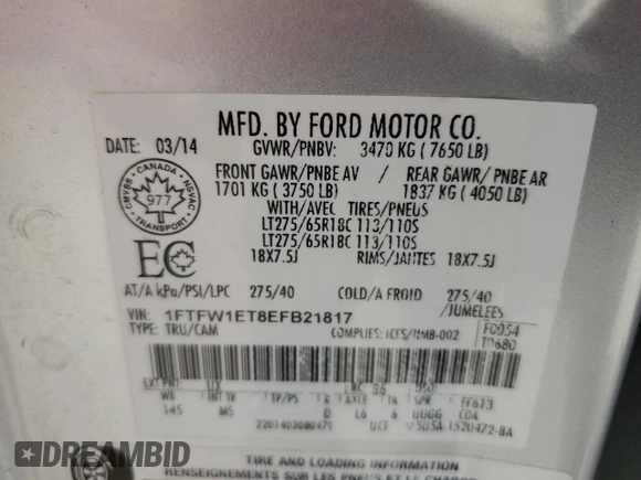 2014 Ford F-150 XL with VIN 1FTFW1ET8EFB21817, listed as a Copart auction lot 45047535 with 291,267 mi miles and Salvage Title. Bid and sale history available at carsss.com. Image 15.