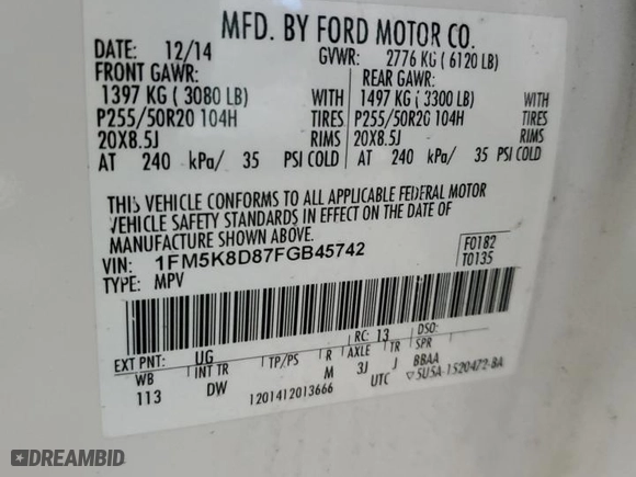2015 Ford Explorer XLT with VIN 1FM5K8D87FGB45742, listed as a Copart auction lot 51267875 with 0 mi miles and Clean Title. Bid and sale history available at carsss.com. Image 14.