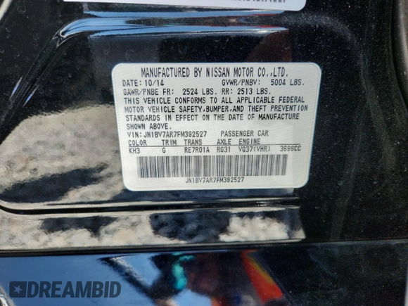 2015 Infiniti Q50 Premium z VIN JN1BV7AR7FM392527, wystawiony jako Copart lot #60489105 z przebiegiem 189 759 mil mil oraz Szkoda całkowita • Salvage title. Historia ofert i sprzedaży dostępna na DreamBid. Obrazek 12.