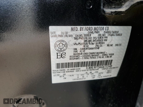 2010 Lincoln MKS EcoBoost with VIN 1LNHL9FT3AG615548, listed as a Copart auction lot 58536075 with 35,422 mi miles and Salvage title. Bid and sale history available at DreamBid. Image 13.