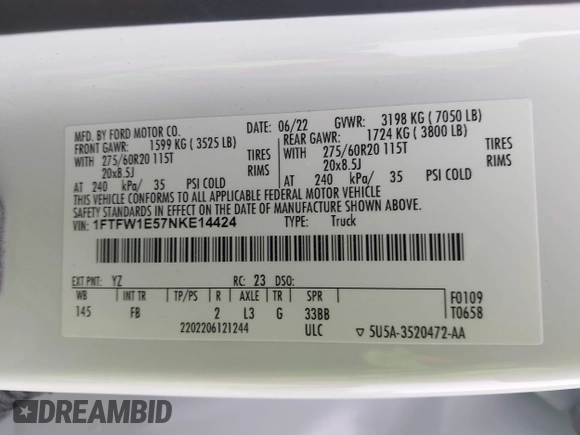 2022 Ford F-150 XL with VIN 1FTFW1E57NKE14424, listed as a IAAI auction lot 42097712 with 56,879 mi miles and . Bid and sale history available at DreamBid. Image 9.