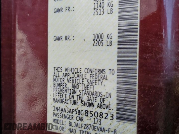 2011 Nissan Maxima SV with VIN 1N4AA5AP5BC850823, listed as a Copart auction lot 60701225 with 78,584 mi miles and Salvage title. Bid and sale history available at DreamBid. Image 12.