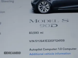 2016 Tesla Model S 90D with VIN 5YJSA1E22GF124109, listed as a IAAI auction lot 42487466 with 83,593 mi miles and . Bid and sale history available at DreamBid. Image 15.