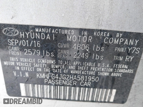2017 Hyundai Azera with VIN KMHFG4JG2HA581950, listed as a IAAI auction lot 41368484 with 92,210 mi miles and . Bid and sale history available at DreamBid. Image 9.