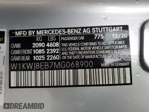 2021 Mercedes-Benz C 300 with VIN W1KWJ8EB7MG068900, listed as a Copart auction lot 83734424 with 42,440 mi miles and Salvage title. Bid and sale history available at DreamBid. Image 12.