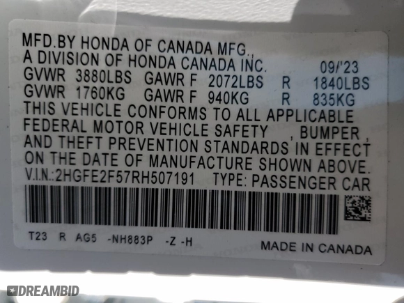 2024 Honda Civic Sedan Sport with VIN 2HGFE2F57RH507191, listed as a Copart auction lot 48290915 with 13,252 mi miles and Non Repairable. Bid and sale history available at carsss.com. Image 12.
