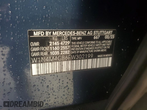 2023 Mercedes-Benz GLB 250 с VIN W1N4M4GB6PW302199, выставлен на аукционе Copart как лот 73299664 с пробегом Не указан миль и Списание • Salvage title. История ставок и продаж доступна на DreamBid. Изображение 13.