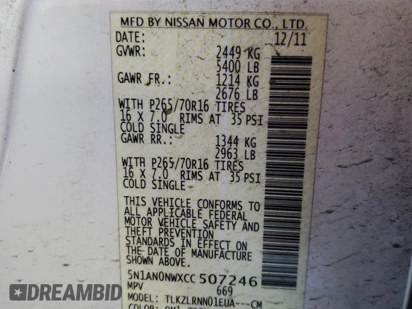2012 Nissan Xterra S with VIN 5N1AN0NWXCC507246, listed as a Copart auction lot 46787685 with 203,573 mi miles and Salvage Title. Bid and sale history available at DreamBid. Image 15.