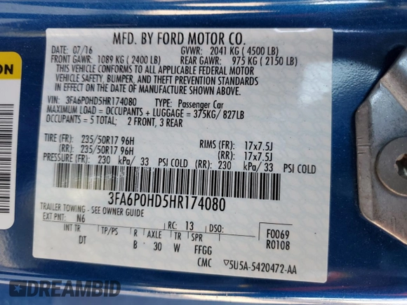 2017 Ford Fusion SE with VIN 3FA6P0HD5HR174080, listed as a Copart auction lot 48001255 with Not Provided miles and Salvage Title. Bid and sale history available at carsss.com. Image 15.