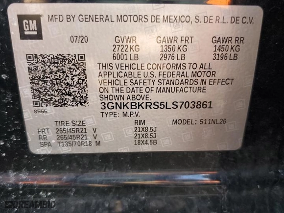 2020 Chevrolet Blazer RS with VIN 3GNKBKRS5LS703861, listed as a Copart auction lot 50043855 with 63,487 mi miles and Salvage Title. Bid and sale history available at carsss.com. Image 12.