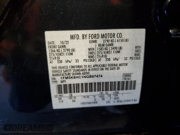 2022 Ford Explorer Platinum with VIN 1FM5K8HC1NGB67474, listed as a Copart auction lot 87109604 with 49,117 mi miles and Salvage Title. Bid and sale history available at carsss.com. Image 13.