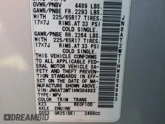 2017 Nissan Rogue S with VIN JN8AT2MT1HW384993, listed as a Copart auction lot 52326945 with 80,266 mi miles and Salvage Title. Bid and sale history available at carsss.com. Image 15.