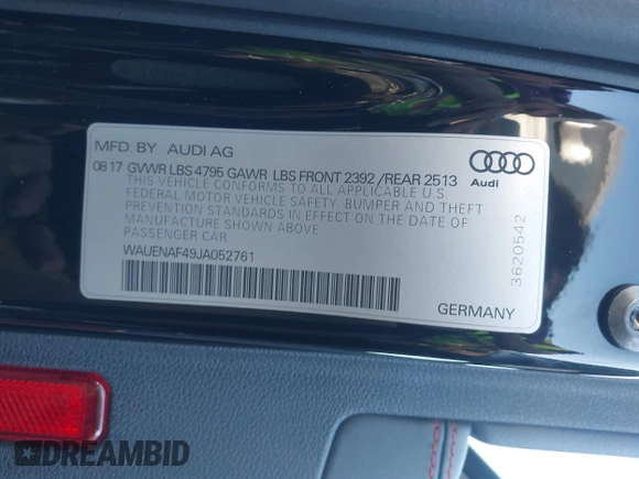 2018 Audi A4 Premium Plus with VIN WAUENAF49JA052761, listed as a IAAI auction lot 41697472 with 115,472 mi miles. Bid and sale history available at carsss.com. Image 9.