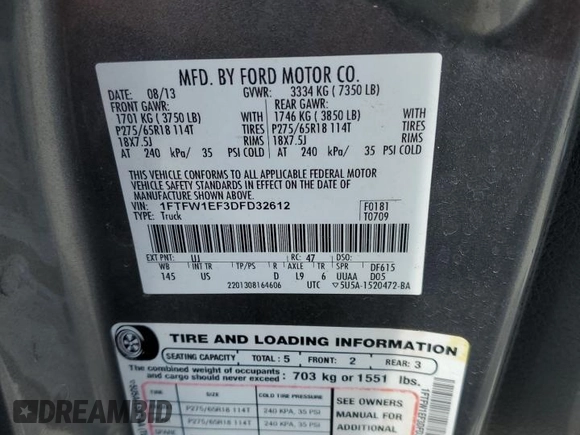 2013 Ford F-150 XL with VIN 1FTFW1EF3DFD32612, listed as a Copart auction lot 53959375 with 226,716 mi miles and Non repairable. Bid and sale history available at DreamBid. Image 12.