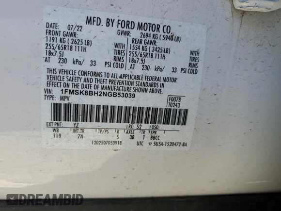 2022 Ford Explorer with VIN 1FMSK8BH2NGB53039, listed as a Copart auction lot 78853984 with 10,509 mi miles and Salvage Title. Bid and sale history available at carsss.com. Image 13.