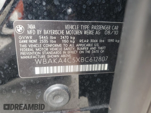 2011 BMW 7 Series 740i with VIN WBAKA4C5XBC612807, listed as a Copart auction lot 81424114 with 0 mi miles and Clean Title. Bid and sale history available at carsss.com. Image 12.