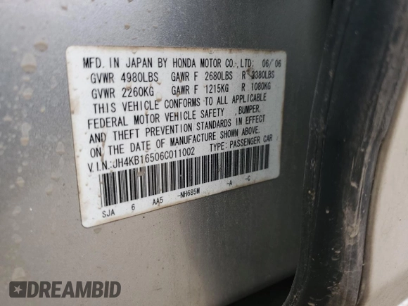 2006 Acura RL with VIN JH4KB16506C011002, listed as a Copart auction lot 53621895 with 171,105 mi miles and Salvage Title. Bid and sale history available at DreamBid. Image 12.