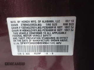 2013 Honda Pilot EX-L with VIN 5FNYF3H60DB024964, listed as a IAAI auction lot 40691878 with 137,870 mi miles and . Bid and sale history available at DreamBid. Image 9.