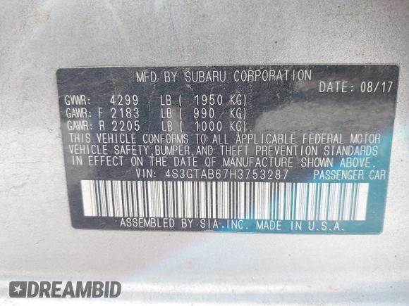 2017 Subaru Impreza Premium with VIN 4S3GTAB67H3753287, listed as a IAAI auction lot 42075877 with 55,247 mi miles and . Bid and sale history available at DreamBid. Image 9.