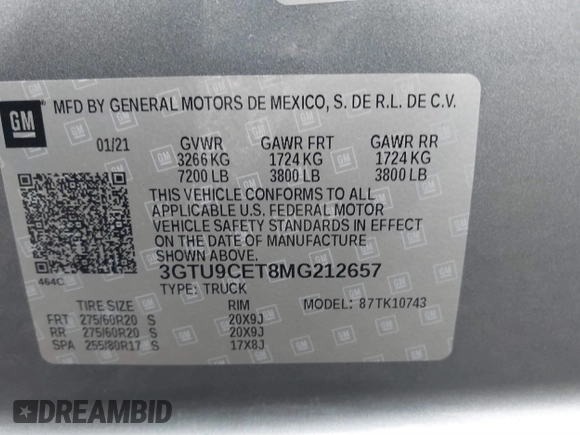 2021 GMC Sierra 1500 Elevation with VIN 3GTU9CET8MG212657, listed as a IAAI auction lot 41741865 with 100,533 mi miles and . Bid and sale history available at DreamBid. Image 9.