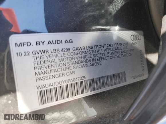 2023 Audi A3 Premium with VIN WAUAUDGY0PA047025, listed as a Copart auction lot 63116293 with 1,232 mi miles. Bid and sale history available at carsss.com. Image 12.