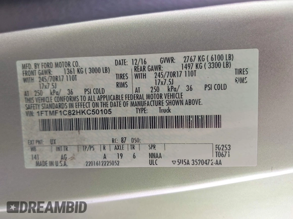 2017 Ford F-150 XL with VIN 1FTMF1C82HKC50105, listed as a IAAI auction lot 41549984 with 179,289 mi miles. Bid and sale history available at carsss.com. Image 9.