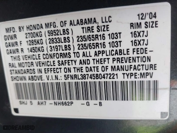2005 Honda Odyssey EX-L with VIN 5FNRL38745B047221, listed as a IAAI auction lot 41732407 with 275,604 mi miles. Bid and sale history available at carsss.com. Image 9.