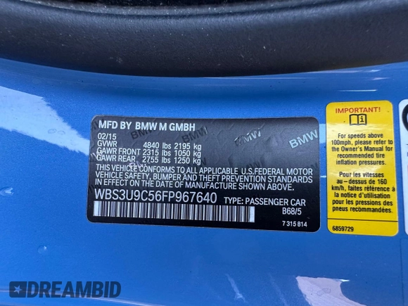 2015 BMW M4 with VIN WBS3U9C56FP967640, listed as a Copart auction lot 63641785 with 31,516 mi miles and Salvage title. Bid and sale history available at DreamBid. Image 10.