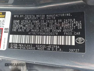 2019 Toyota Avalon XLE z VIN 4T1BZ1FB0KU030278, wystawiony jako IAAI lot #41984852 z przebiegiem 127 165 mil mil oraz . Historia ofert i sprzedaży dostępna na DreamBid. Obrazek 9.